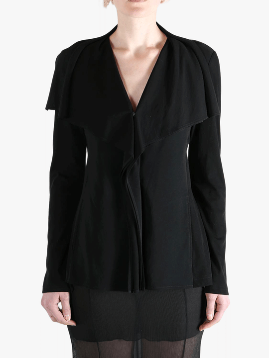 Black jackets worn by a person, showing the jackets fit