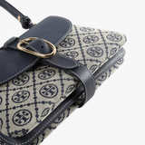 Close up of navy bags, showing texture of the fabric