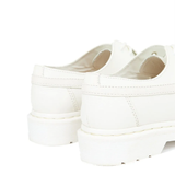 Close up of white boots,showing texture of the calf leather fabric.