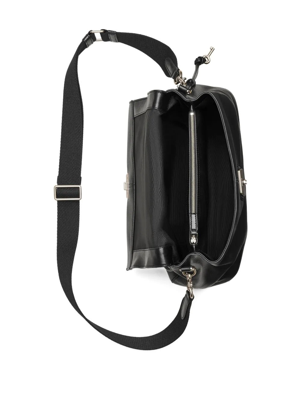 Close up of the black bag, showing texture of the leather fabric