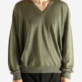 Green sweater worn by a person, showing the sweater's fit