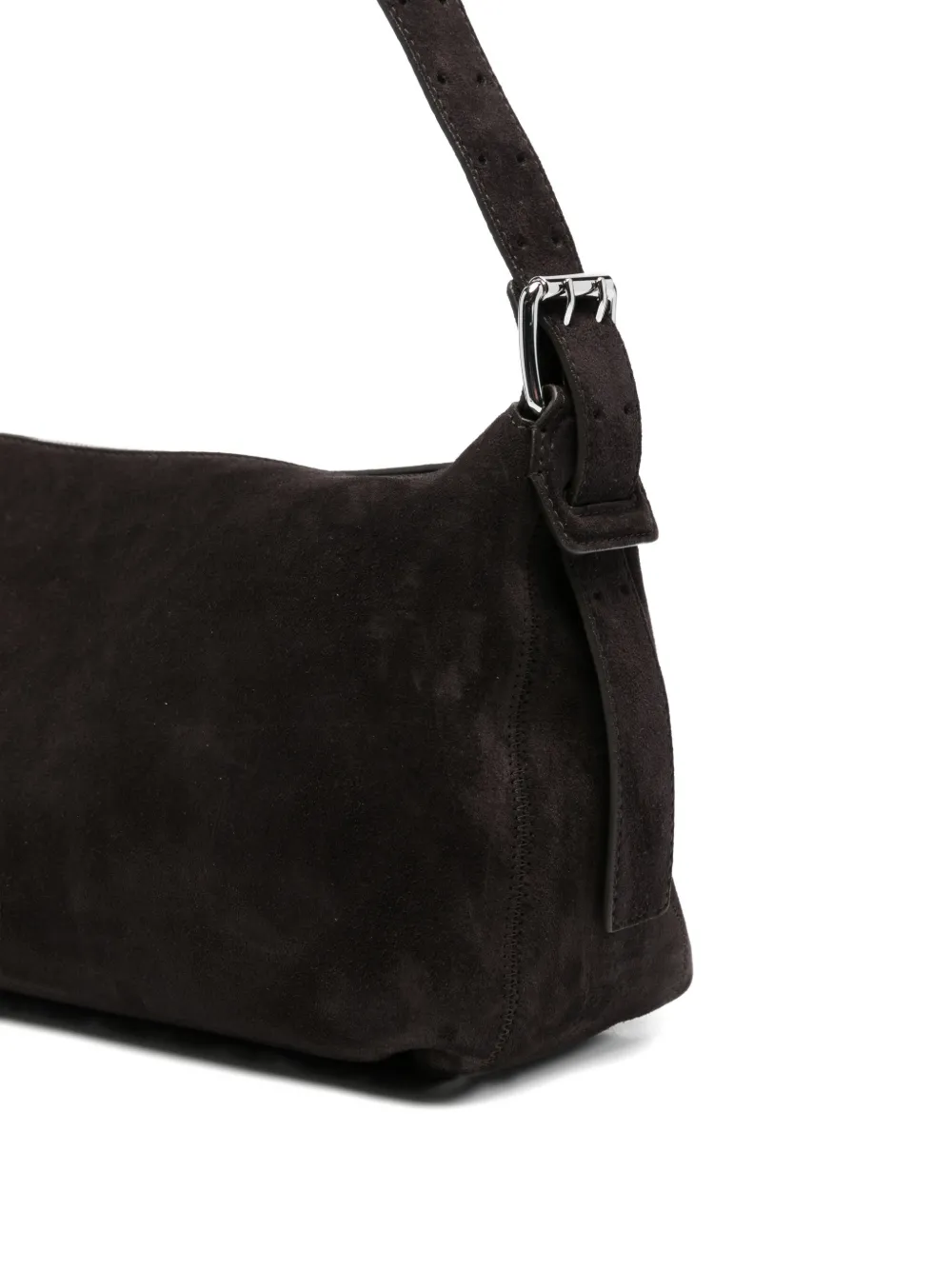 Close up of brown bag, showing texture of the calf suede fabric