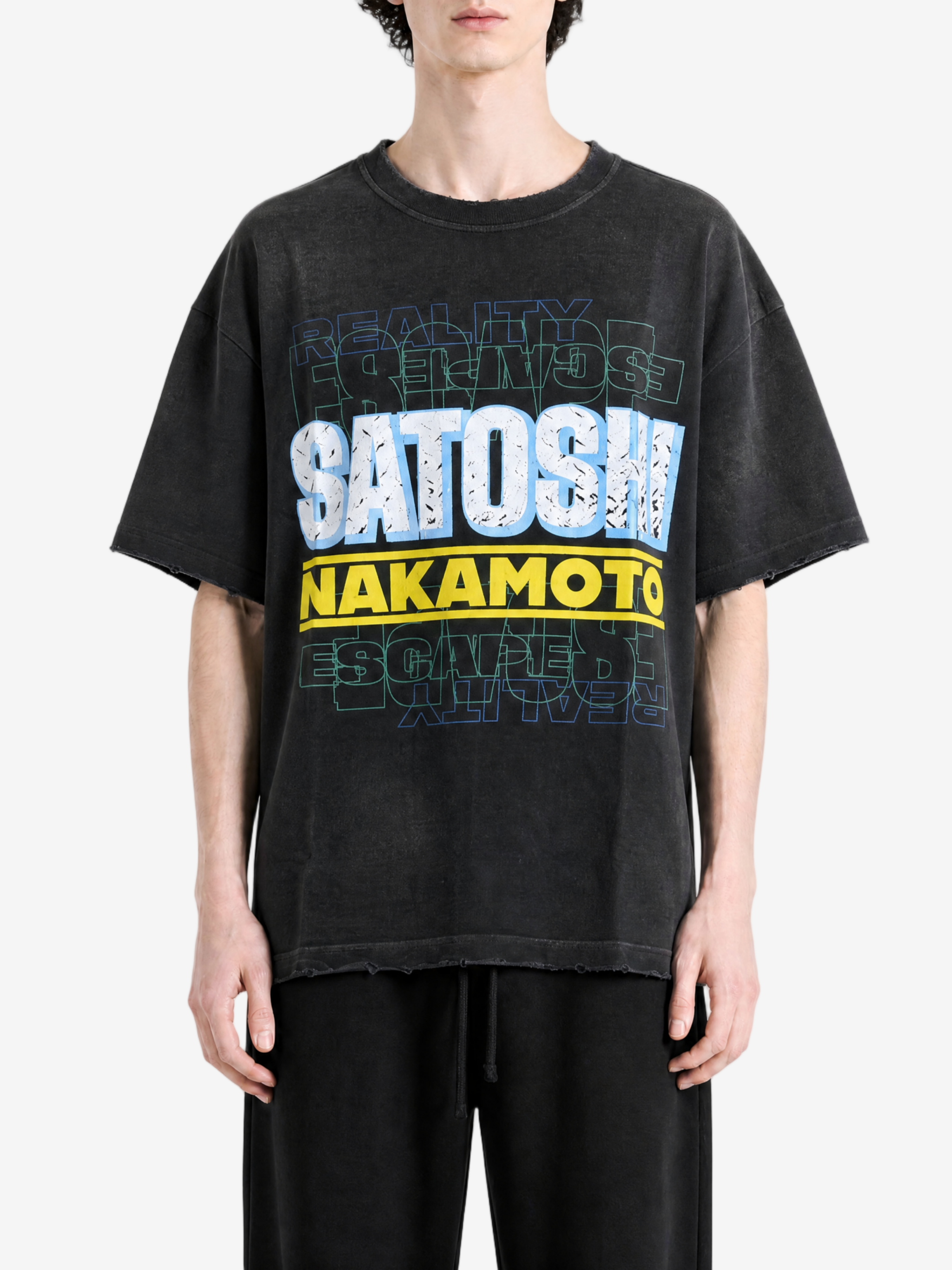 Black t-shirt, full body view