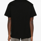 Black t-shirts worn by a person, showing the t-shirts fit