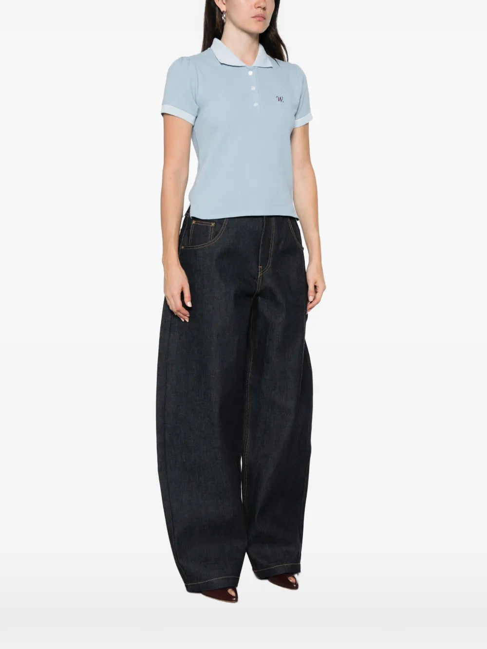 Blue top, full body view