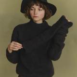 Navy knitwear worn by a person, showing the knitwear's fit