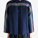 Navy jacket worn by a person, showing the jacket fit