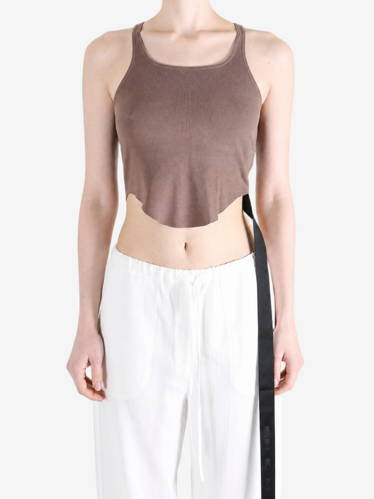 Brown top worn by a person, showing the top fit