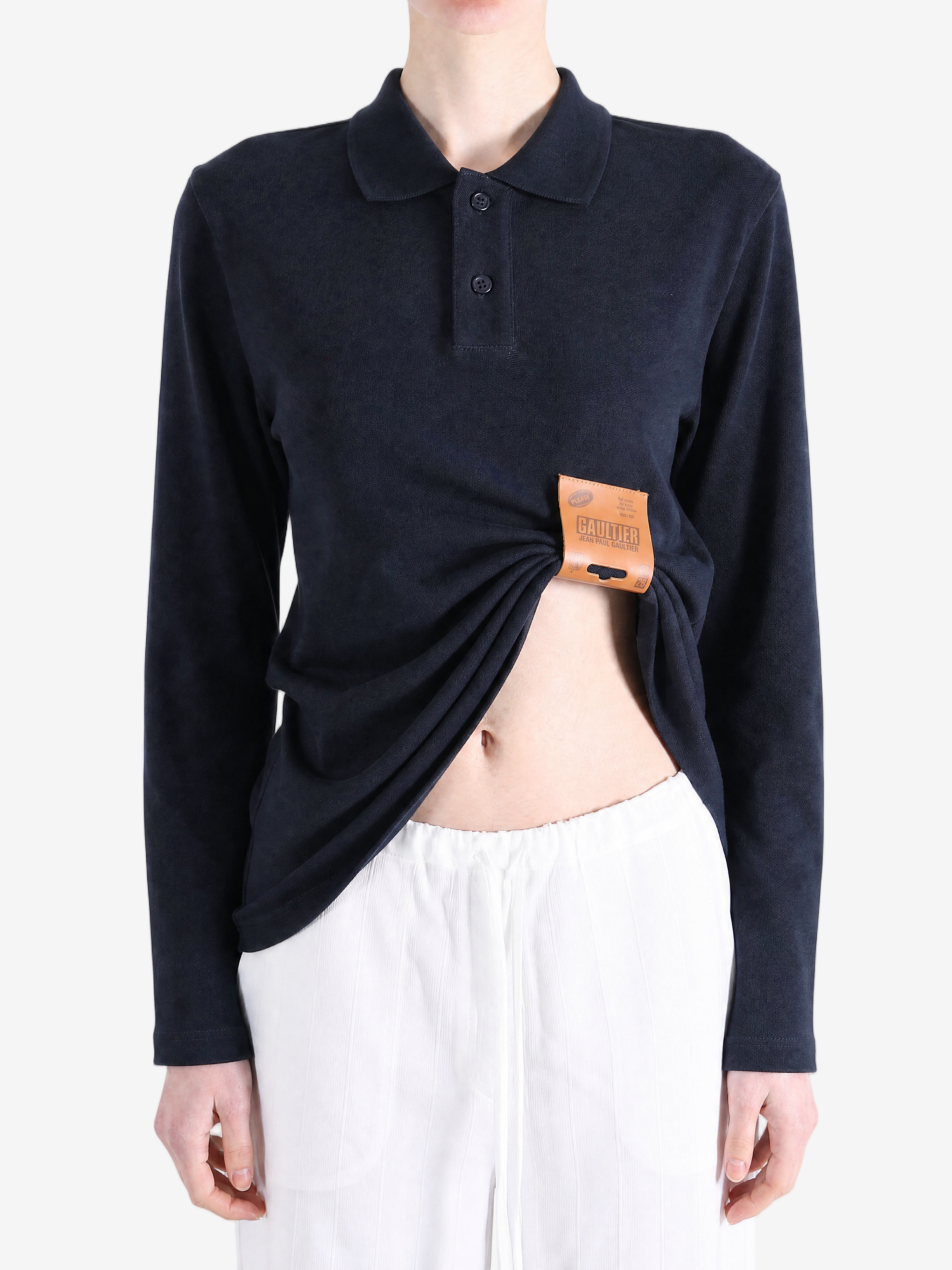 Navy top worn by a person, showing the top fit