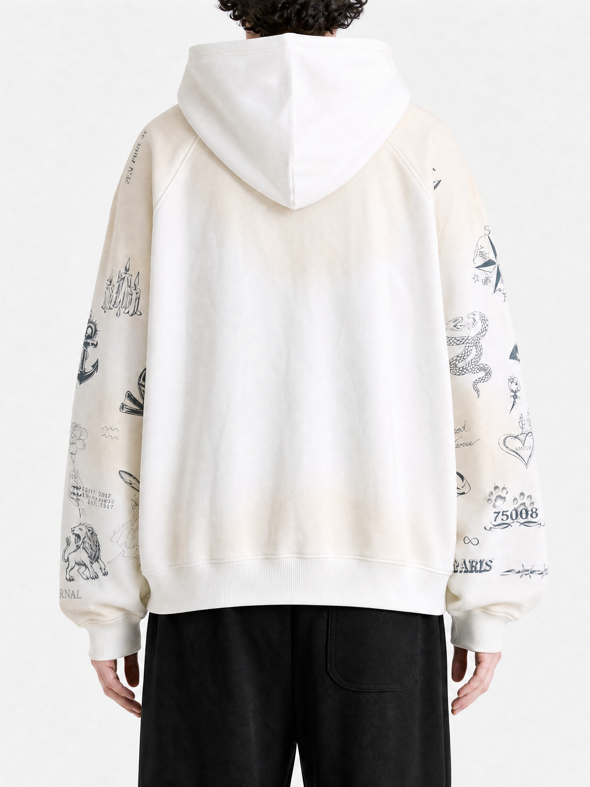White hoodie, full body view