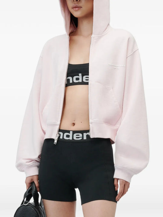 Pink hoodie, full body view