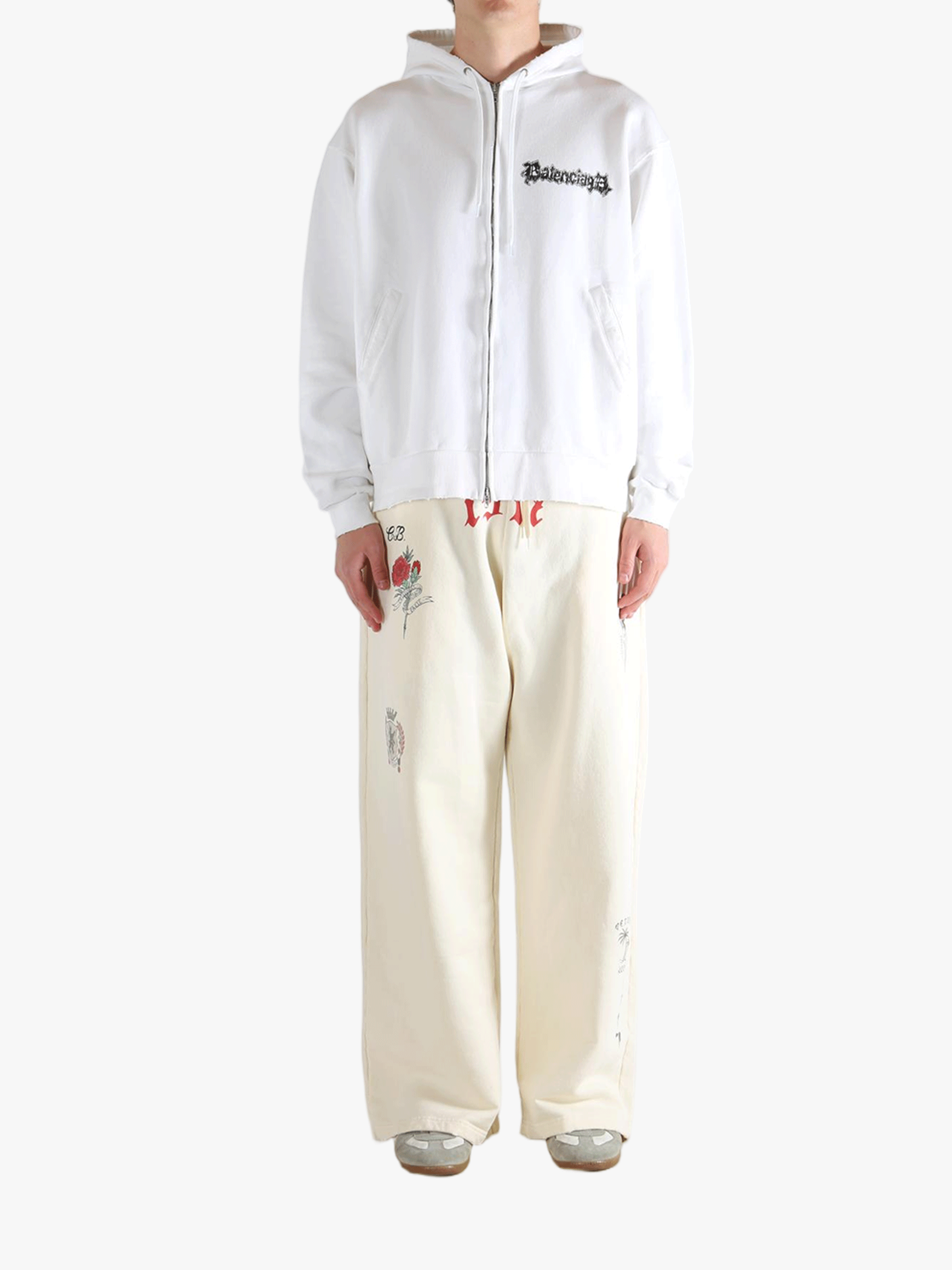 White hoodies, full body view