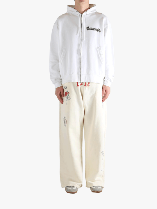White hoodies, full body view