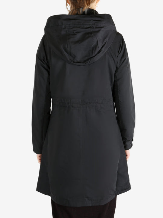 Black coat worn by a person, showing the coat fit