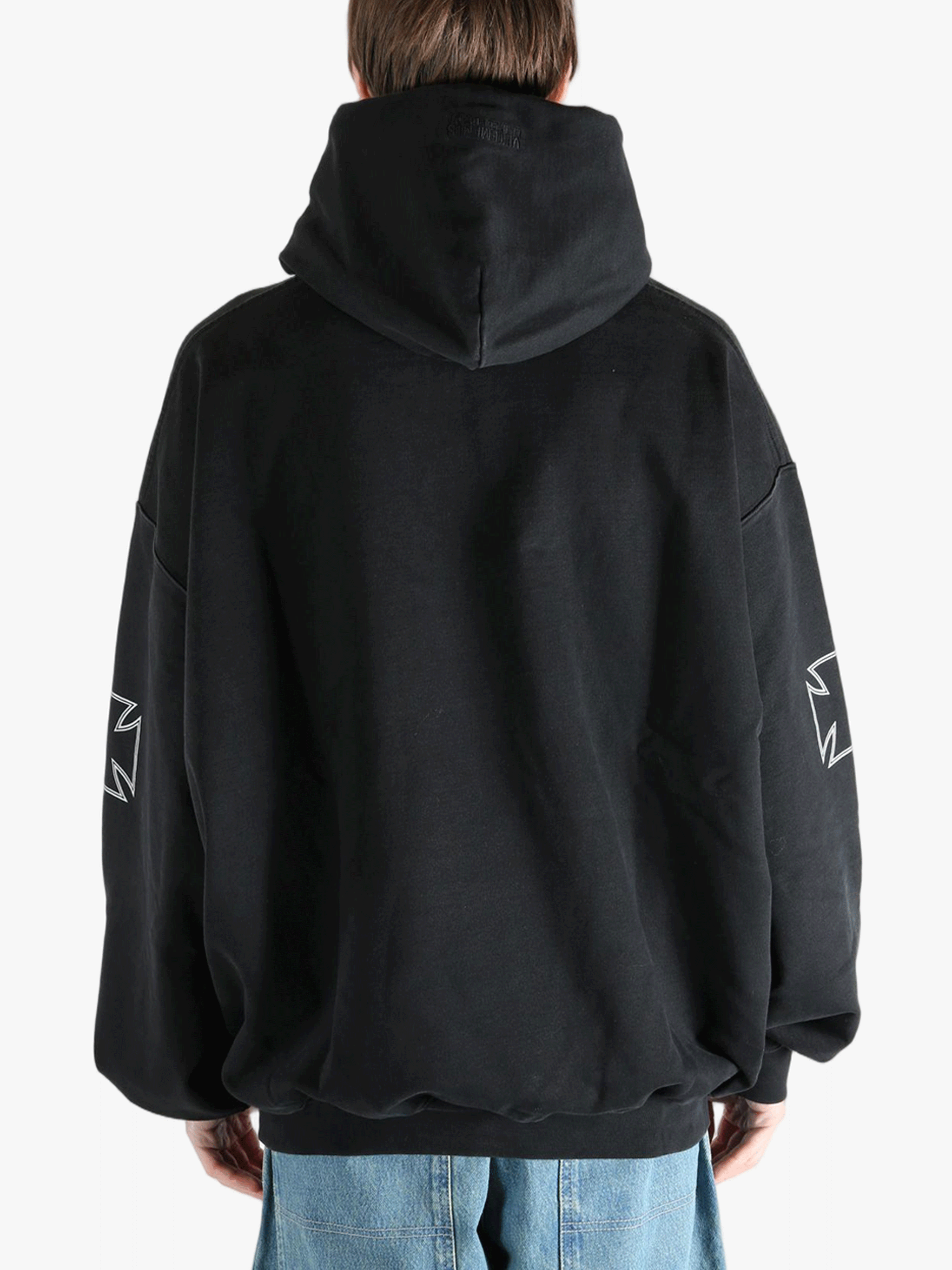 Black sweats-hoodies worn by a person, showing the fit