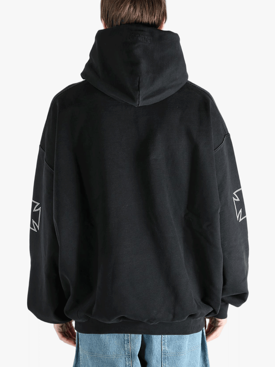Black sweats-hoodies worn by a person, showing the fit