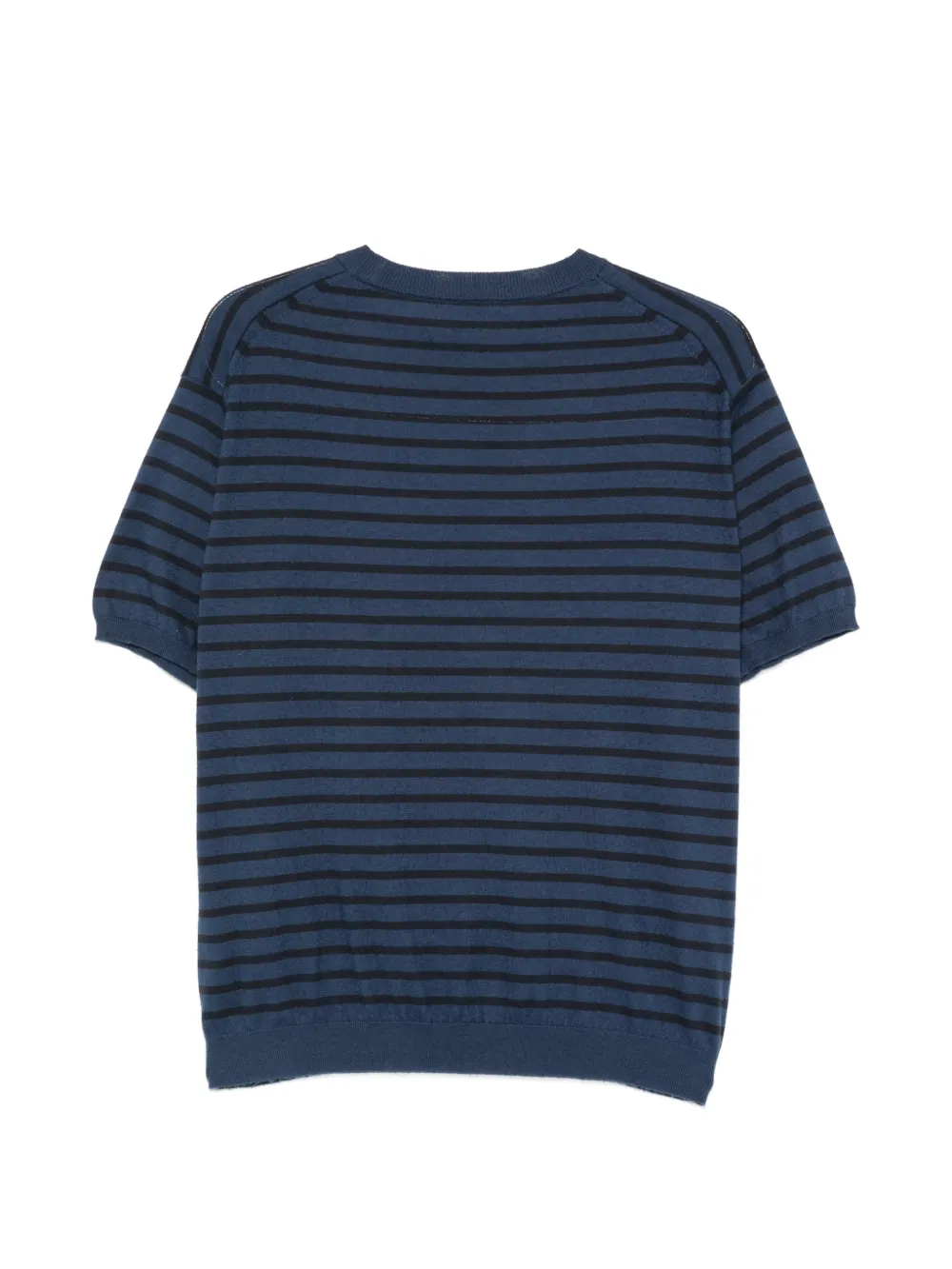 Blue and black striped T-shirt, ,back view showing horizontal stripes