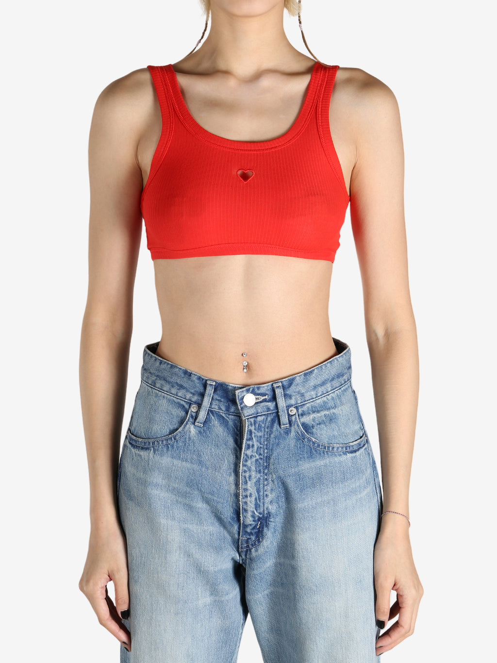 Red bra worn by a person, showing the bra fit