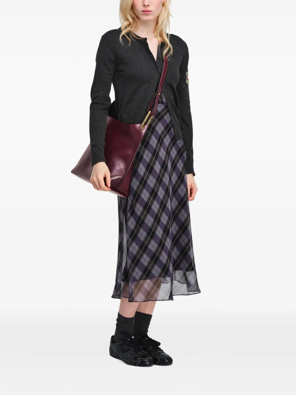 Burgundy bag, full body view