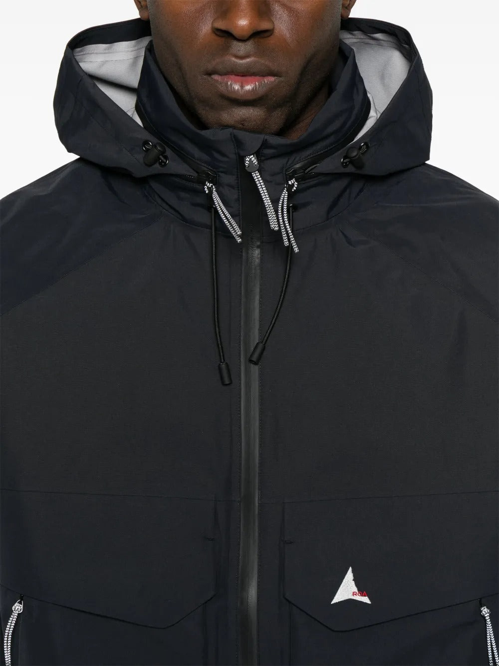 Close up of the black jacket, showing texture of the polyester fabric