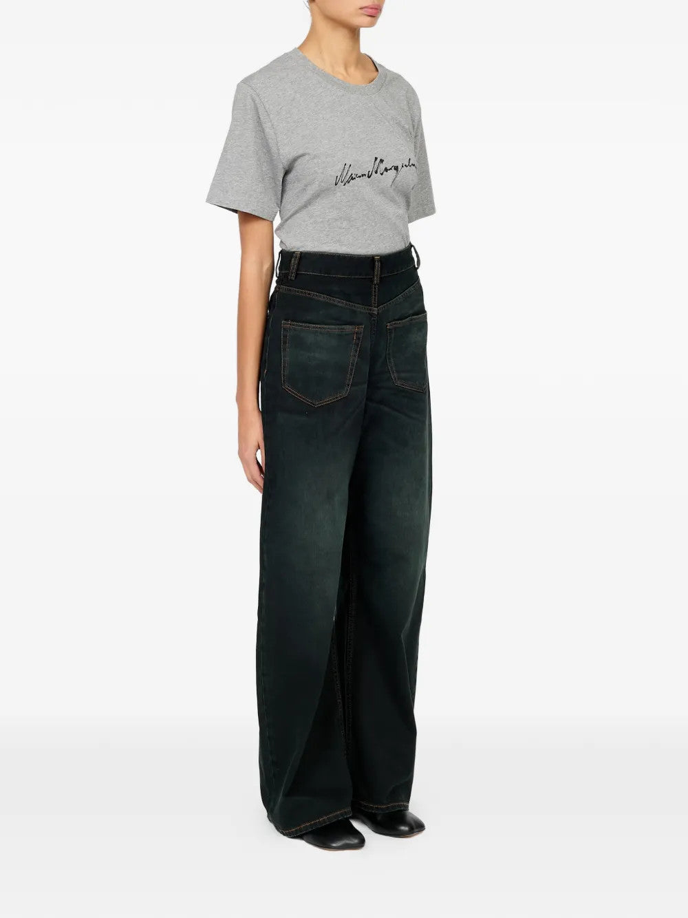 Navy pants, full body view