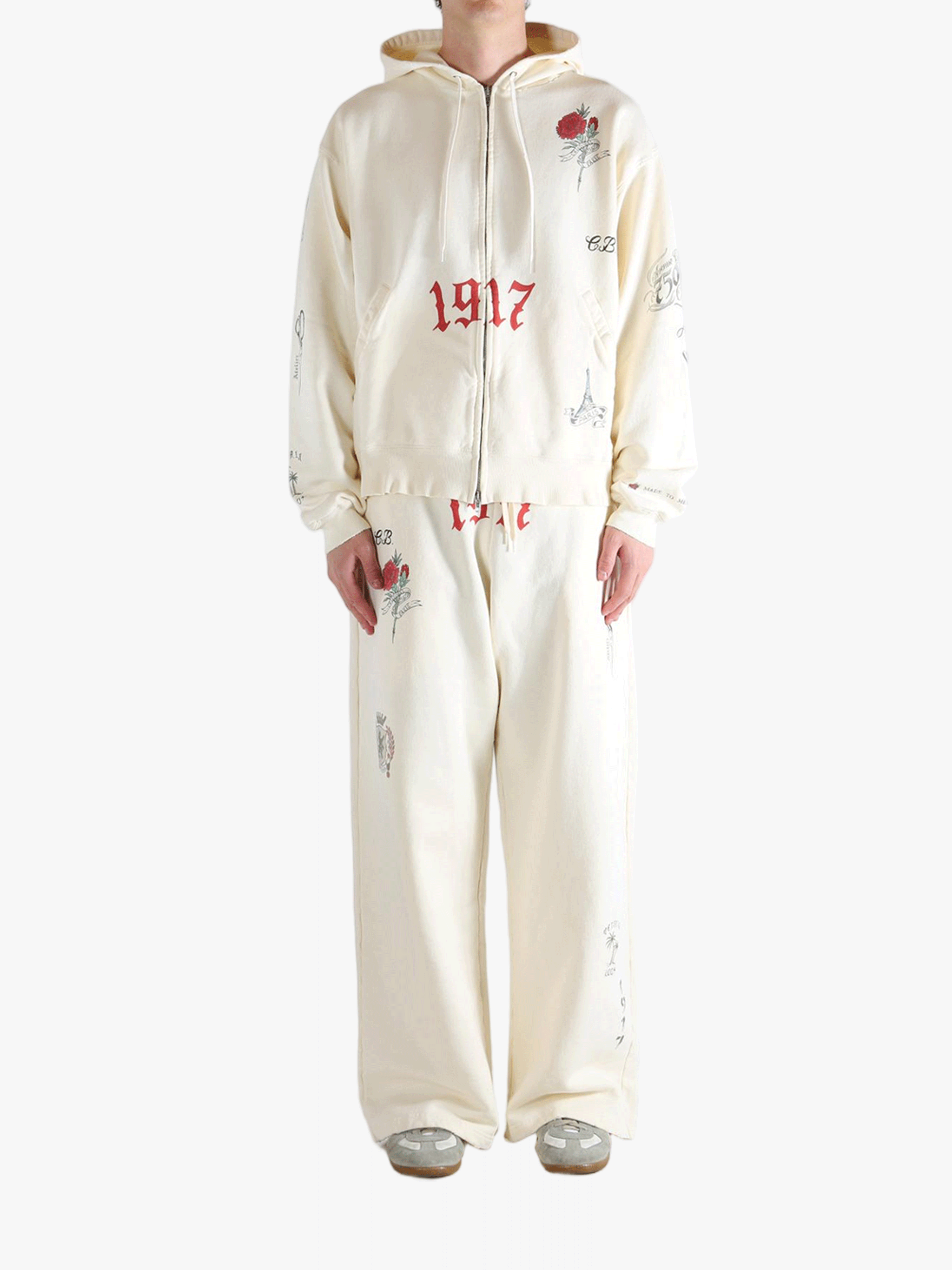 White hoodies, full body view