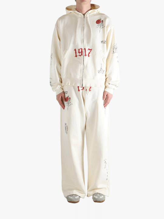 White hoodies, full body view