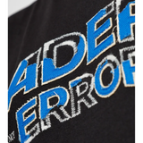 Close up of black tee, showing the detial of logo