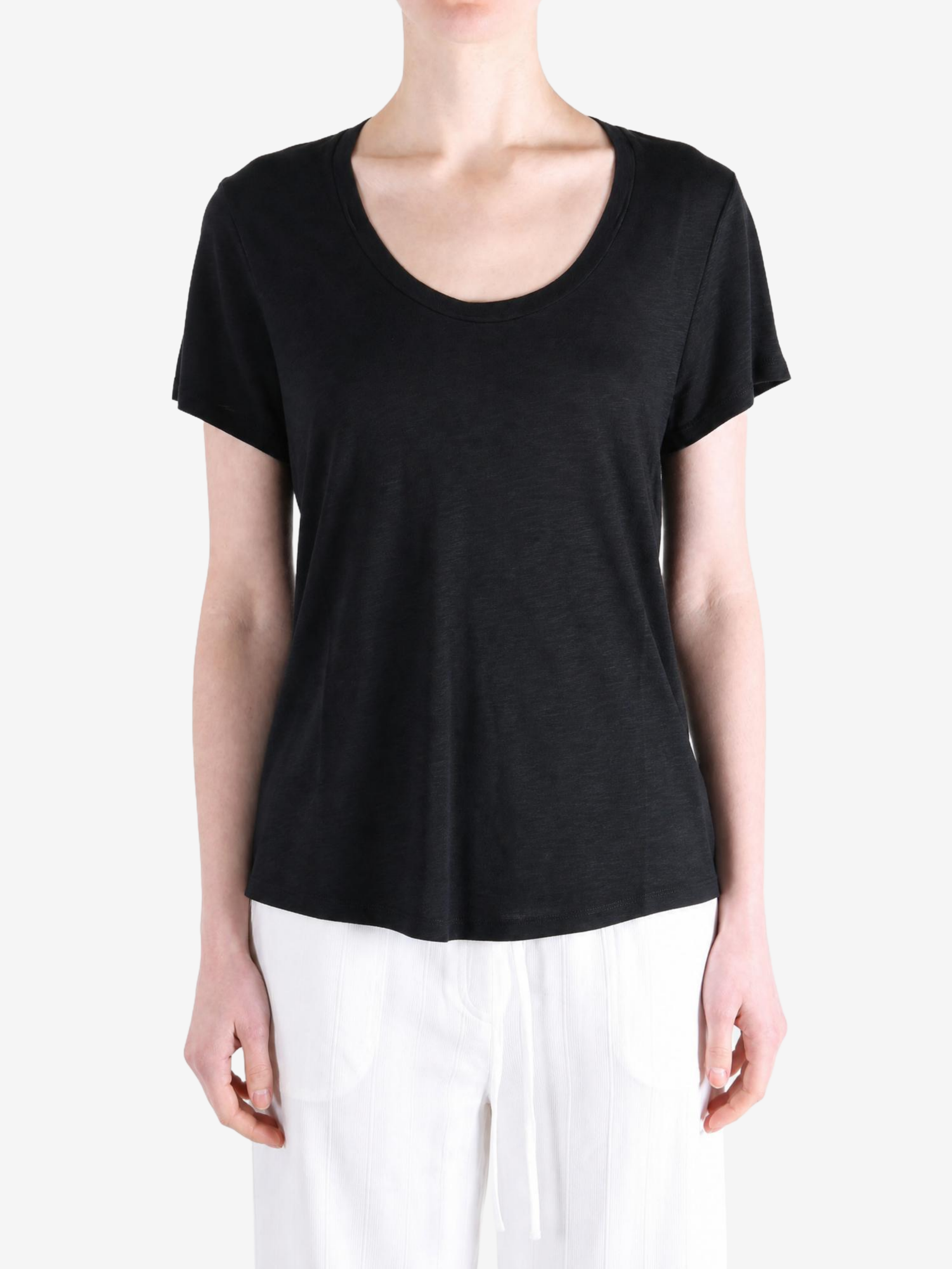 Black t-shirt worn by a person, showing the t-shirt fit