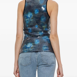 blue top worn by a person, showing the top fit