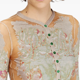 Close up of tan top, showing texture of the Viscose-Rayon fabric