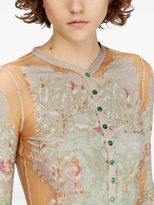 Close up of tan top, showing texture of the Viscose-Rayon fabric