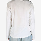 White tee worn by aperson, showing the tee's fit