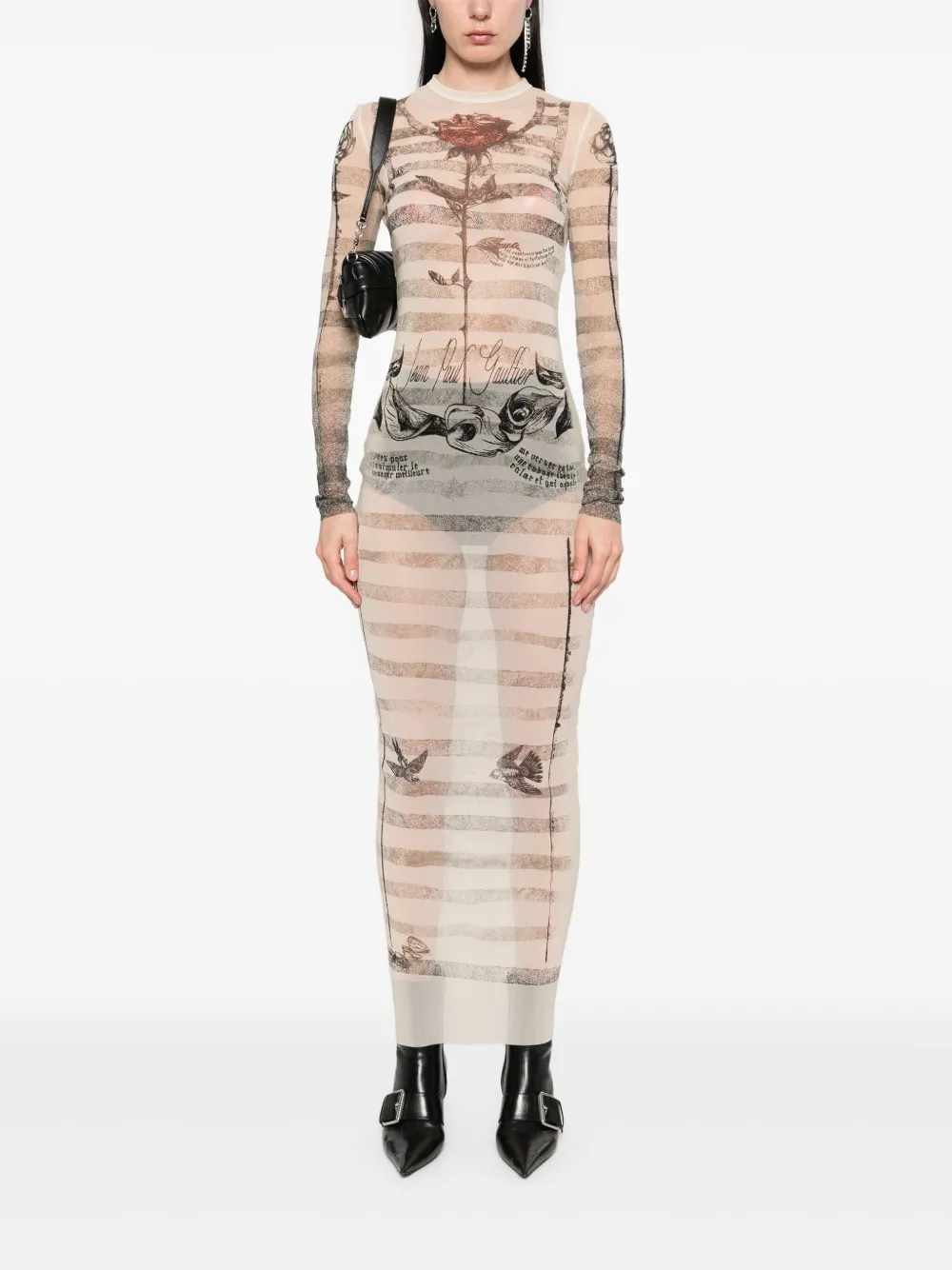 JEAN PAUL GAULTIER - Women Printed "Tattoo Marinière" Mesh Long Dress