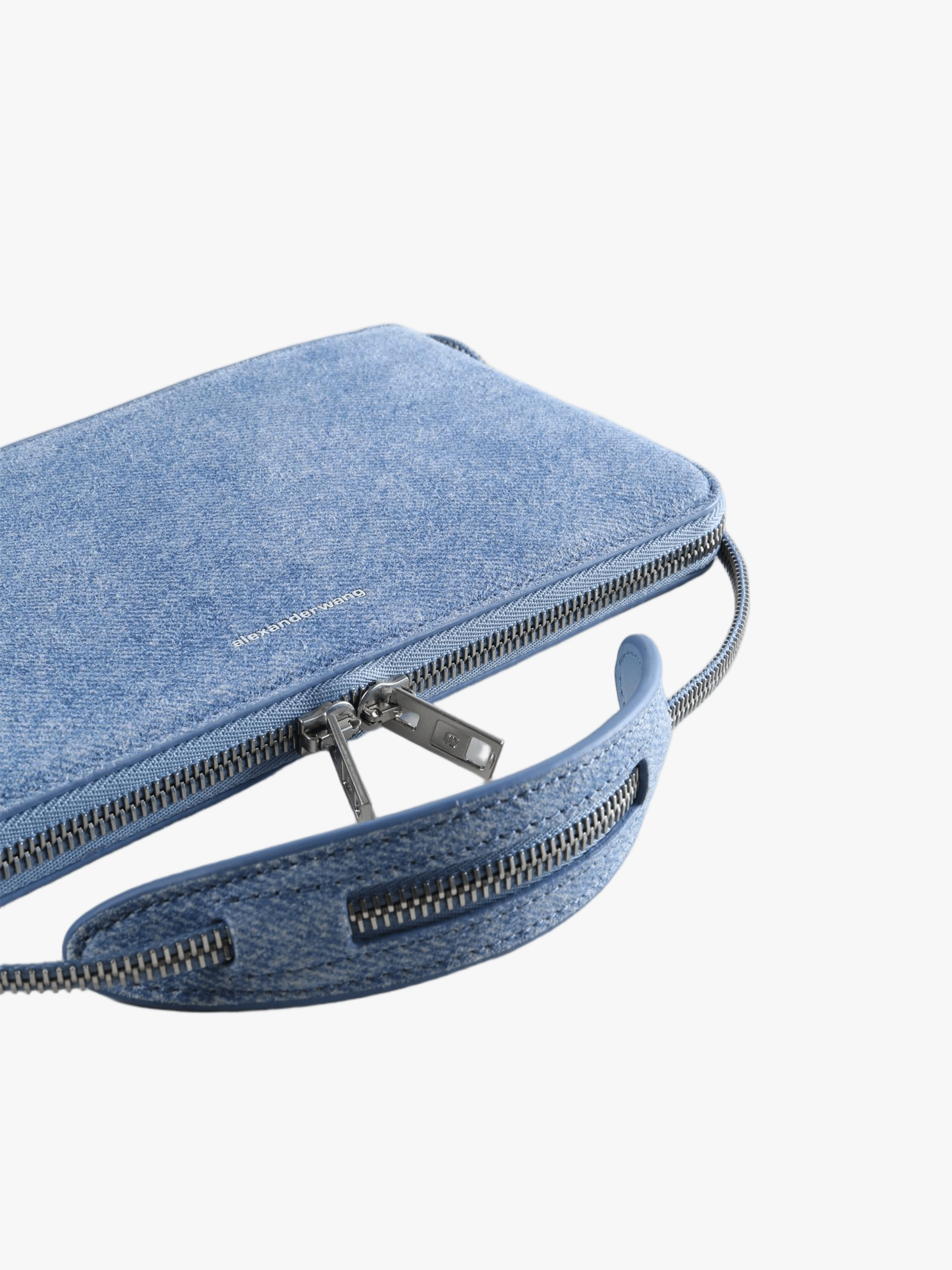 Close up of the blue bag, showing texture of the cotton fabric