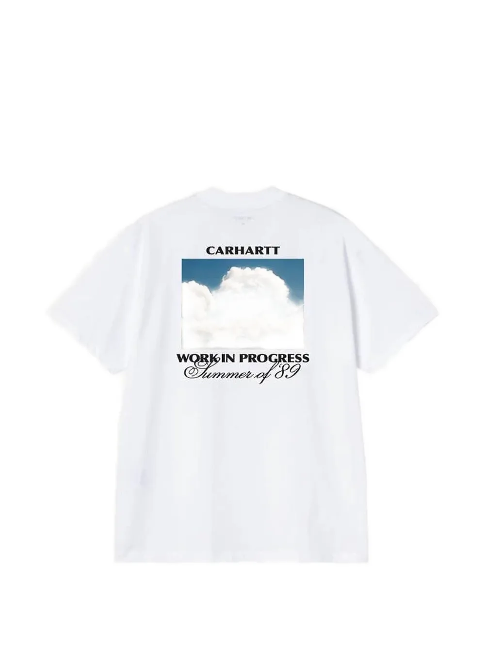 White t-shirt, back view showing graphic print