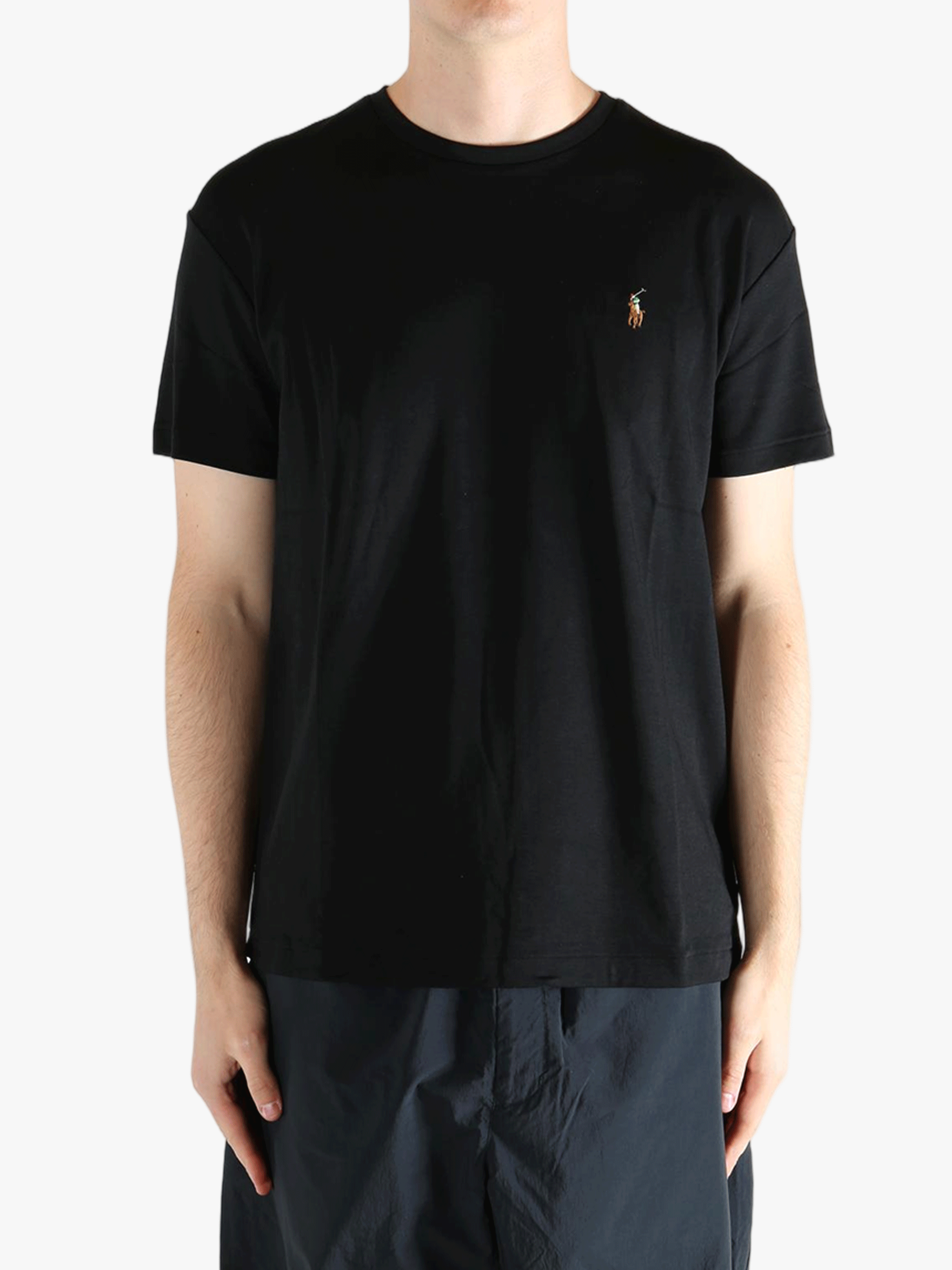 Black t-shirts worn by a person, showing the t-shirts fit