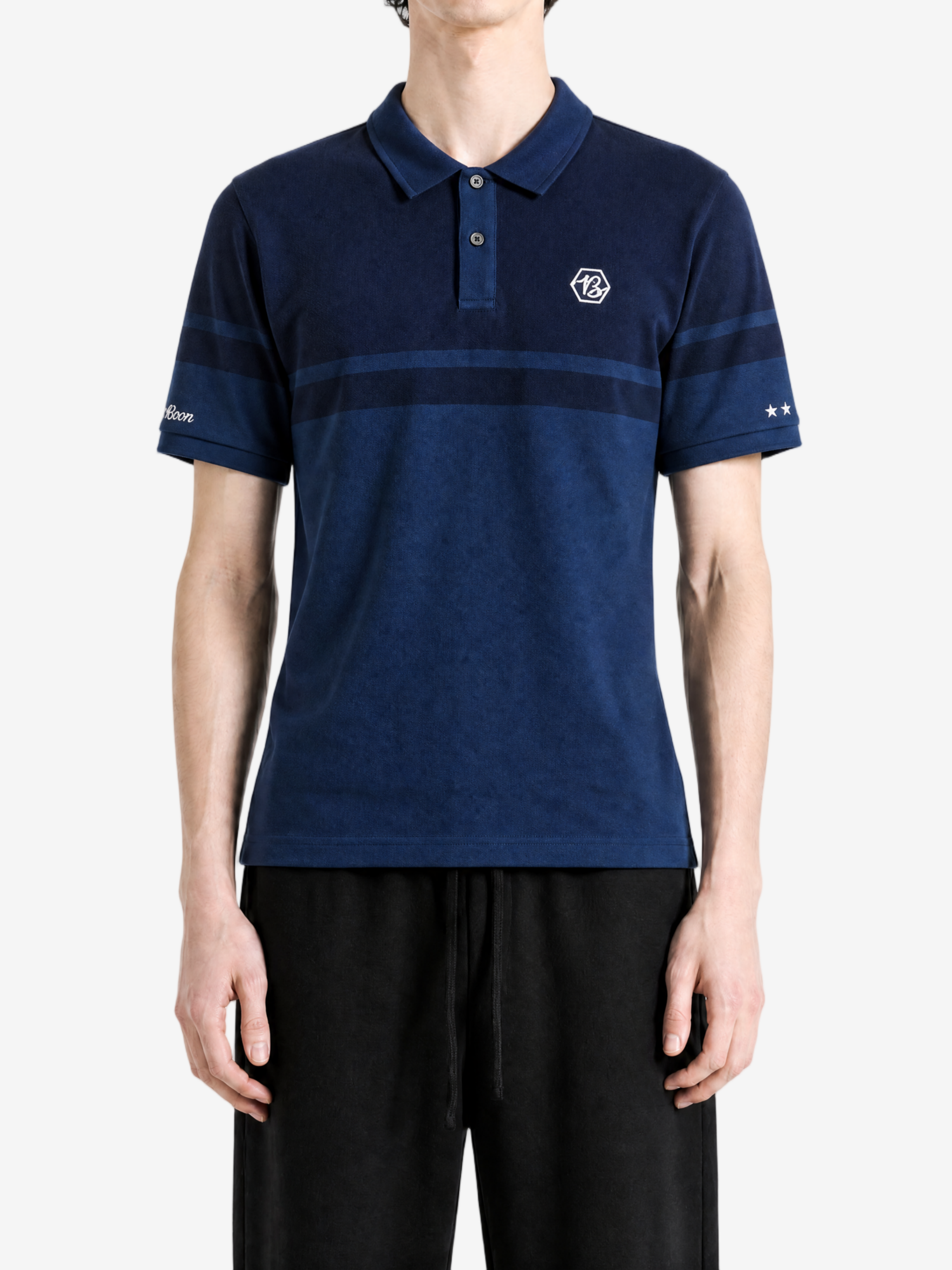 Navy shirt, full body view