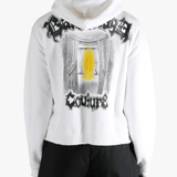 White hoodie worn by a person, showing the shirt's fit