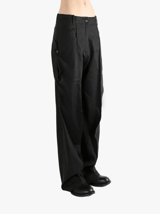 Black pants worn by a person, showing the straight fit
