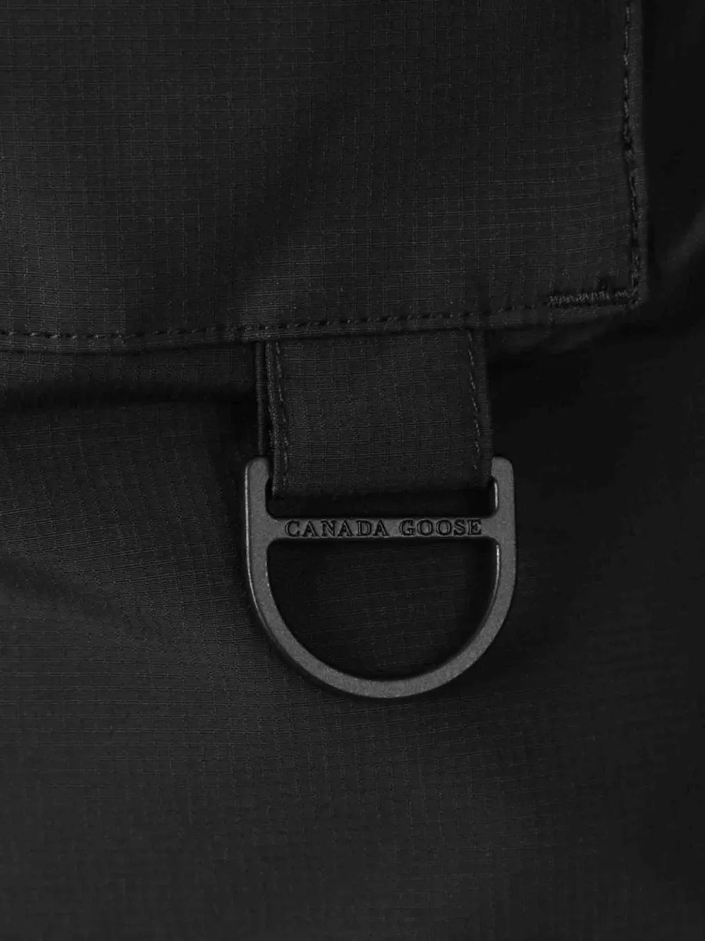 Close up of the black jacket, showing texture of the polyester fabric