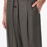 Close up of grey pants,showing texture of the wool fabric