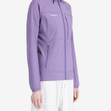 Purple jacket worn by a person, showing the jacket fit