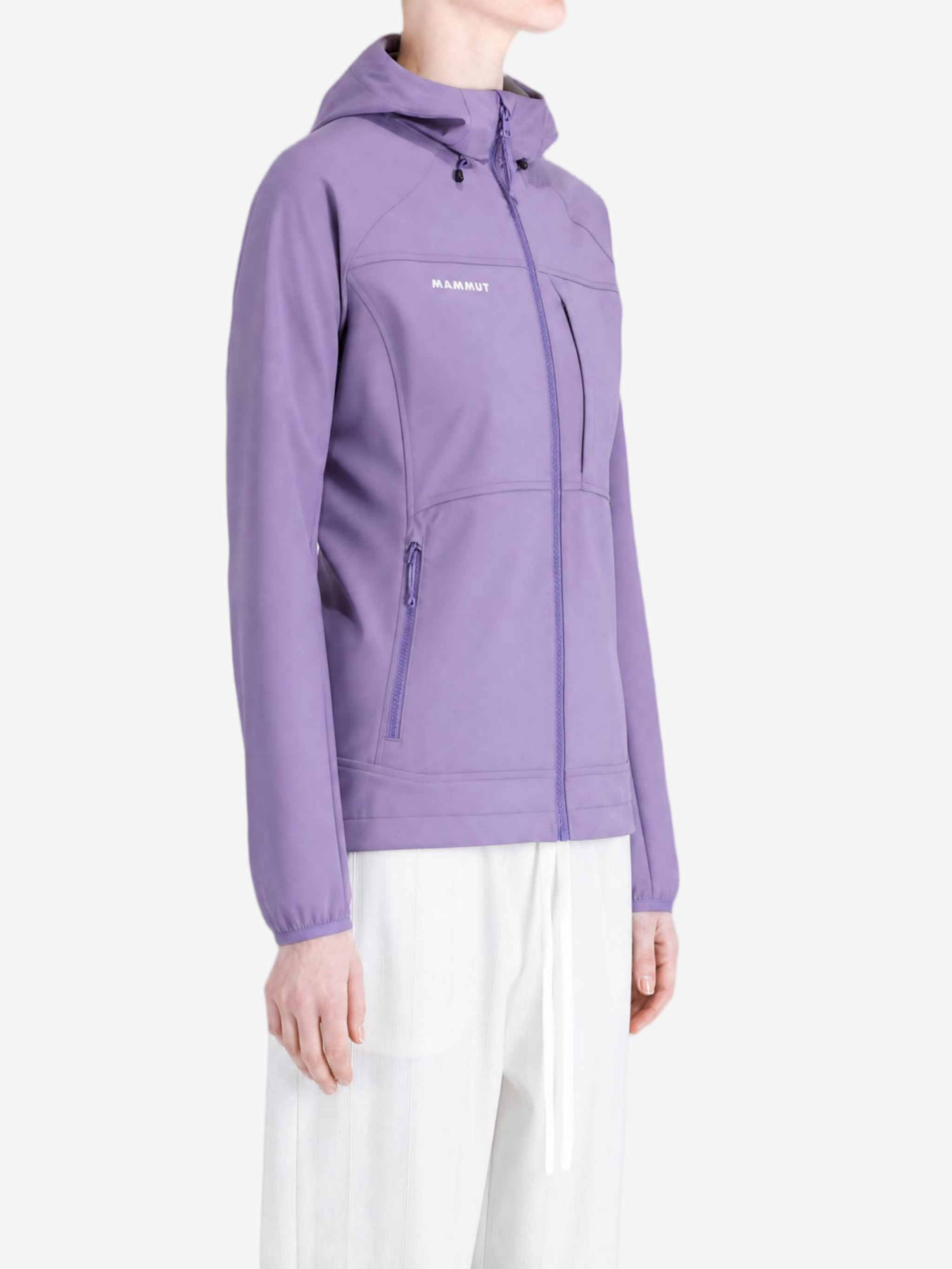Purple jacket worn by a person, showing the jacket fit