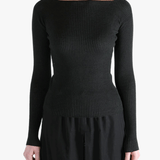 Black knitear worn by a person, showing the knitwear's fit