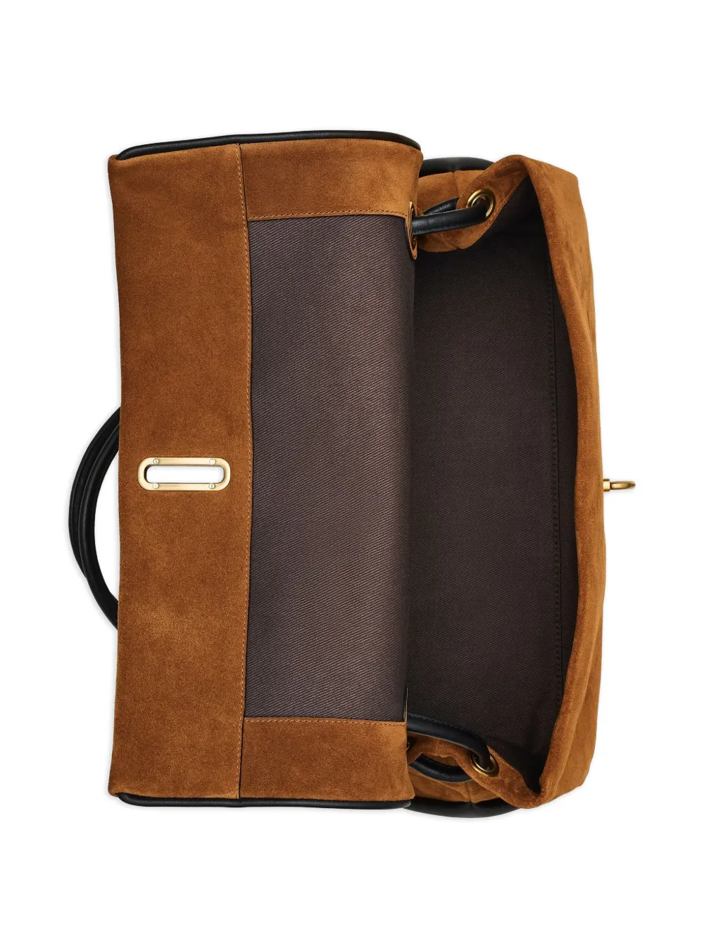 Close up of brown bags, showing texture of the suede cow leather fabric