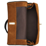 Close up of brown bags, showing texture of the suede cow leather fabric