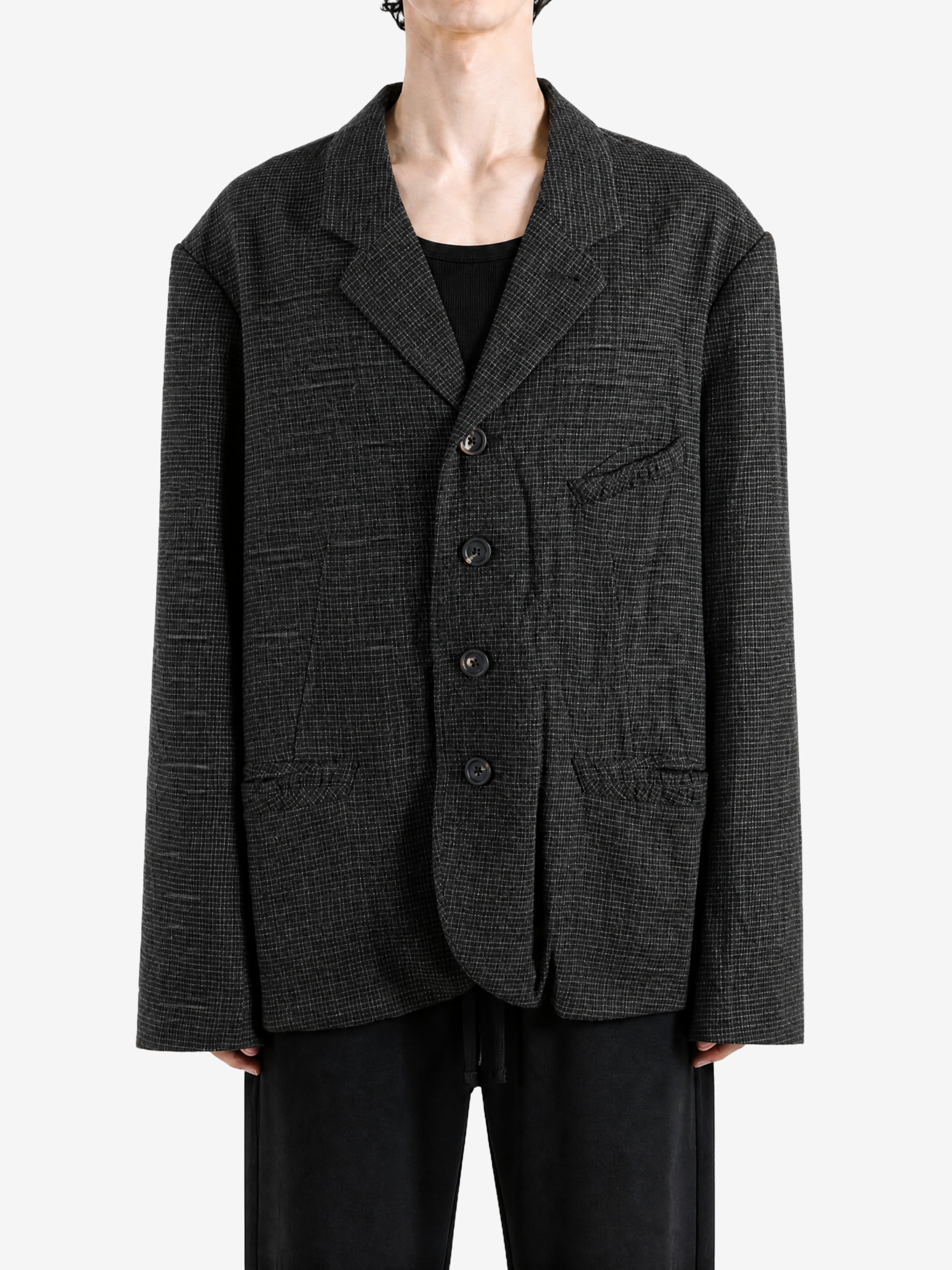 Grey blazer, full body view