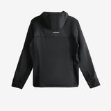 Black jacket, back view showing elastic hem and cuffs