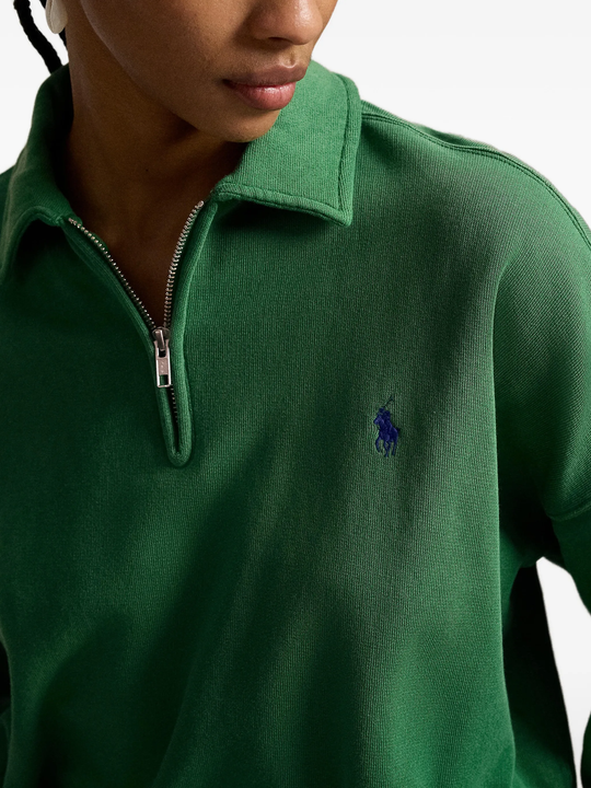 Green sweatshirt worn by a person, showing the sweatshirt‘s fit